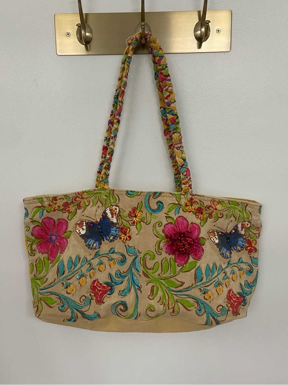 Katie McRostie Floral Butterfly Embroidered Canvas Tote Bag Braided Handles